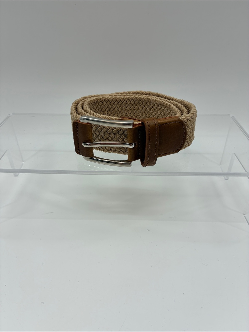 Classic Beige Braided Stretch Belt with Brown Leather Trim